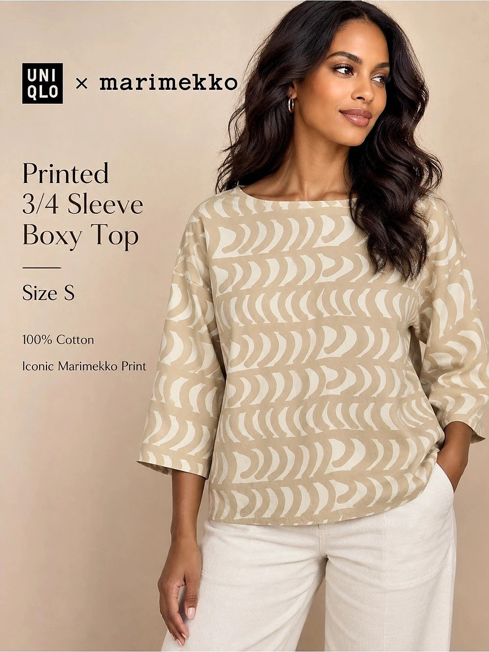 UNIQLO x Marimekko Beige Printed Boxy 3/4 Sleeve Cotton Top S